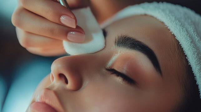 Focused beauty session Cotton sponge removing pigment from eyebrows during PMU procedure, professional's hands working with precision