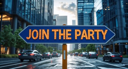 join the party text on road sign in middle of modern business city background