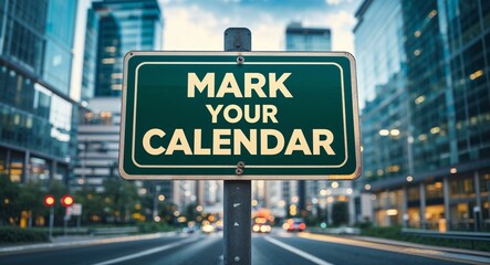 mark your calendar text on road sign in middle of modern business city background