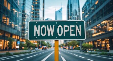 now open text on road sign in middle of modern business city background