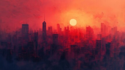 Fototapeta premium A city skyline with a large red sun in the sky