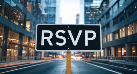 please rsvp text on road sign in middle of modern business city background