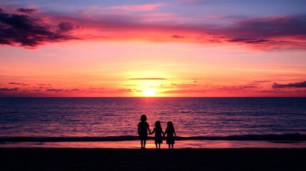 Silhouetted Siblings Watching Sunset Ocean Beach