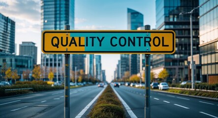 Obraz premium quality control text on road sign in middle of modern business city background