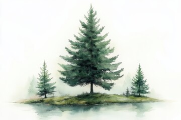 Obraz premium Serene Forest Landscape with Conifer Trees Near Calm Water