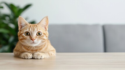 Cute red kitten lying on table in bright living room