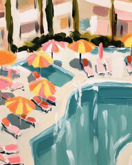 contemporary above view painting of a retro style Palm Springs resort with umbrellas, chairs, pool, and palm trees using muted pastel colors