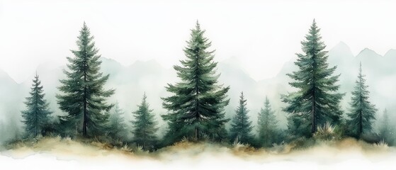 Obraz premium Serene Forest Landscape with Pine Trees and Misty Mountains