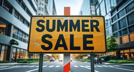 Obraz premium summer sale text on road sign in middle of modern business city background