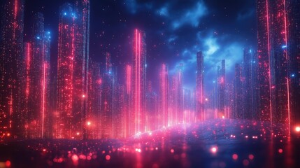 Obraz premium A cityscape with buildings lit up in red and blue lights