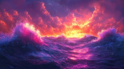 Naklejka premium A colorful ocean with a sunset in the background