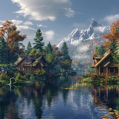 Fototapeta premium Autumnal lake scene with cabins and mountains.