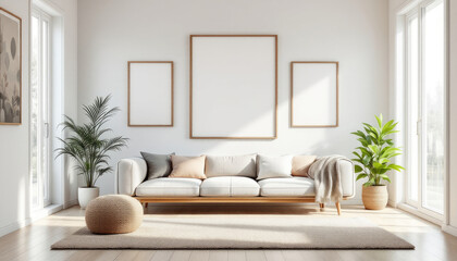 a white couch with three throw pillows, a large rug, and two potted plants, creating a cozy and inviting atmosphere. Cozy modern living room with photo frame design