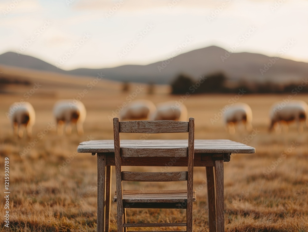 Poster empty wooden table and chair in a field with grazing sheep at sunset