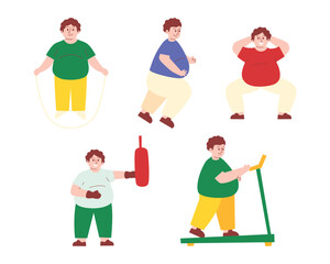 Obese Man doing Exercise, Boxing, Jumping Rope, Run on Treadmill, Squat