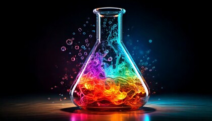 laboratory flask bubbling with colorful glowing liquid.- 