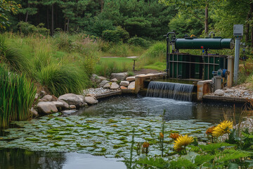 Naklejka premium Green water circulation system operating next to crystal-clear water features