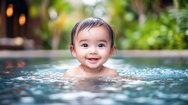 Adorable Baby's Joyful Swim in a Pool: A Summertime Delight
