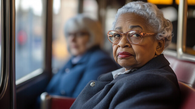 Older woman with glasses riding public transport and looking thoughtfully out the window