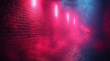 A brick wall with neon lights and smoke