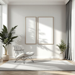 a white chair, a large potted plant, and two blank picture frames on the wall, creating a serene and modern atmosphere. Cozy modern living room with photo frame design