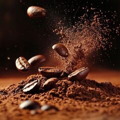 Dynamic explosion of coffee beans and powder in motion