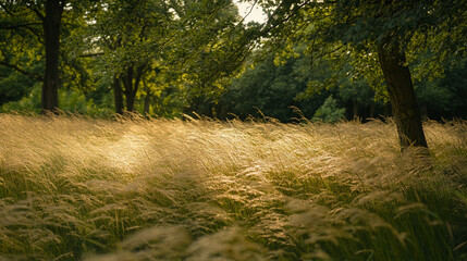 Golden grass sways gently in a serene forest at sunset near a tranquil meadow
