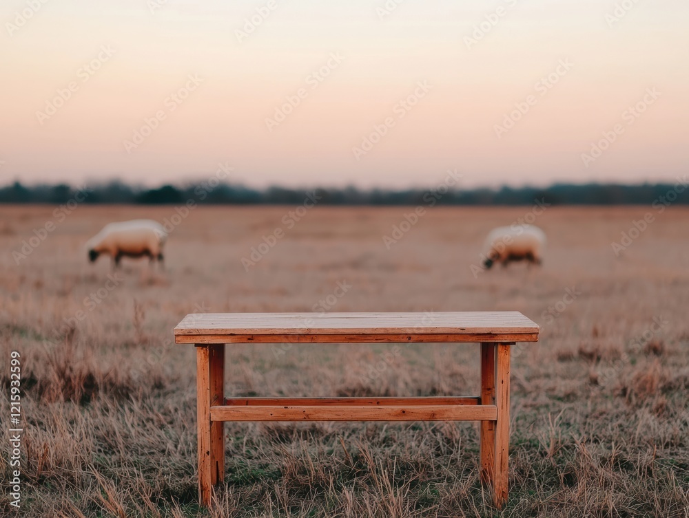 Poster wooden table standing in open field with sheep grazing in soft morning light, cozy rural ambiance