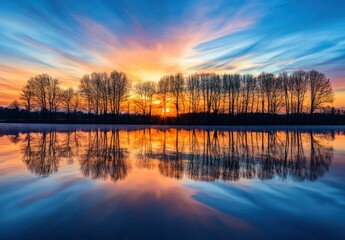 Obraz premium A tranquil sunrise over a reflective lake with a line of silhouetted trees
