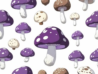 Whimsical purple spotted mushroom pattern with woodland fantasy design, white background