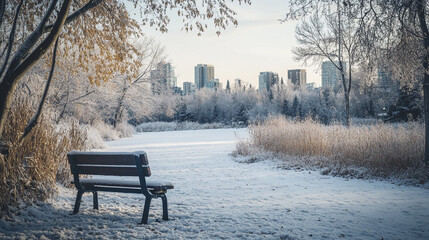 Winter landscape with a bench overlooking a snowy park and city skyline