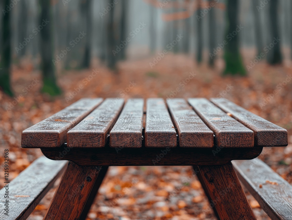 Aufkleber empty picnic table inviting to rest in peaceful forest during misty morning