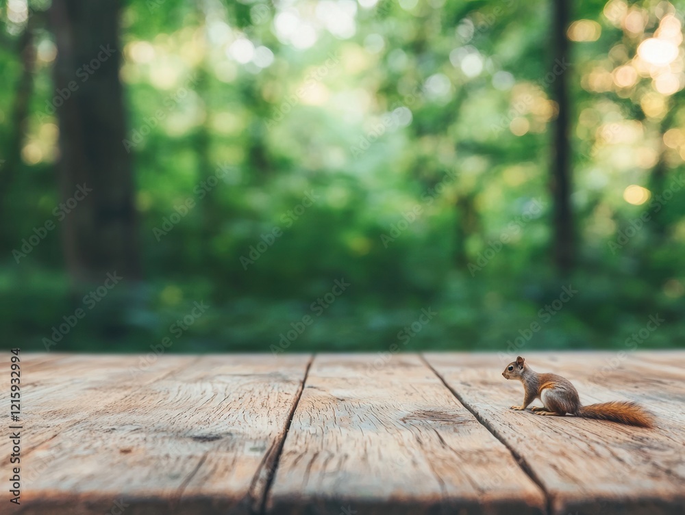 Poster Squirrel exploring empty wooden table in peaceful forest