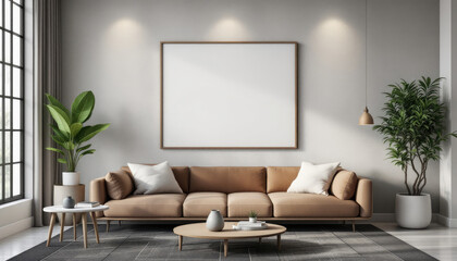 a large brown couch with two white pillows, a coffee table, a large window, and a blank white picture frame on the wall above the couch. Cozy modern living room with photo frame design