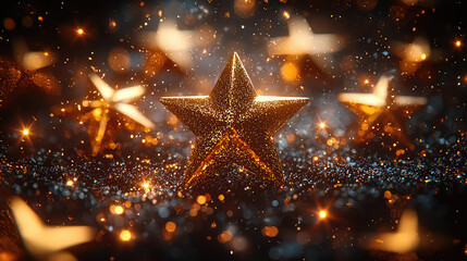 Golden star sparkles on dark glittery background.  Surrounded by bokeh lights and smaller stars. Festive, celebratory, magical scene.
