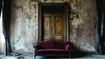 A gothic-inspired space with a deep red velvet sofa, a tall wooden door, and heavy drapes.