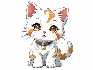 Adorable calico kitten with golden bell and orange patches smiling, white background