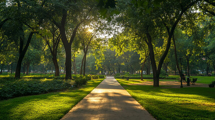 Obraz premium Morning sunlight filters through trees in a peaceful park pathway