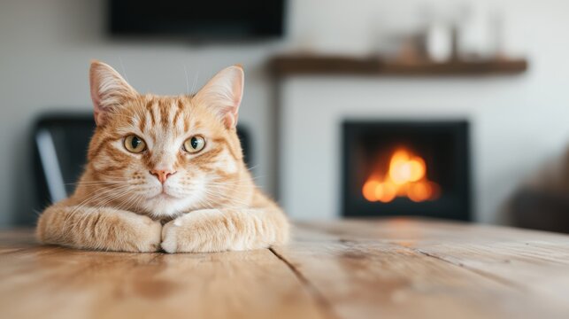 Ginger cat relaxing on a table by the fireplace in a cozy home