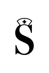 Letter S with nurse hat illustration, Creative design of the letter S featuring a nurse hat with a medical cross, symbolizing healthcare, nursing, and medical services.  
  

