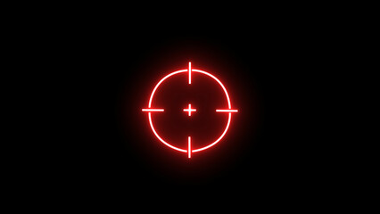 Glowing neon aim cross, target search and aiming icon. Glowing neon 3D target icon. Crosshair, gun aim, sniper target, precise shoot, hunting, target audience on black background.	