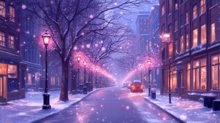 Snowy City Street with Pink Lights and Cars at Night