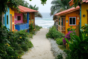 Obraz premium Sandy path leads through a tropical garden with exotic flowers and lush greenery