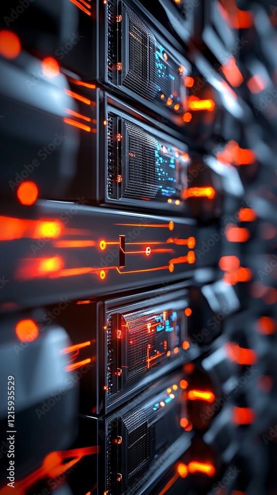 Poster media security system in action, encrypted data streams, high-tech control panels, glowing led grids