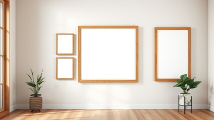 Modern Minimalist Interior with Blank Wooden Frames and Potted Plants
