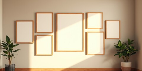 Fototapeta premium Gallery Wall Mockup Empty Wooden Frames with Plants in a Minimalist Room