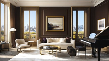 A luxurious room with Mocha Mousse walls, cream upholstery, and gold-framed artwork.