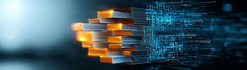 information documentation process, digital archives, organized data grids, 3D document stacks, glowing elements, ultra-modern filing system, clean and precise imagery, muted tones with highlights,