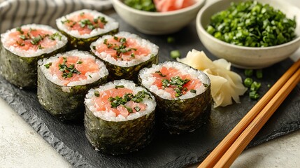 Delicious Spicy Tuna Maki Sushi Rolls on a Black Slate