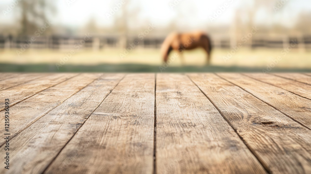 Poster empty wooden table with blurred horse grazing in the background